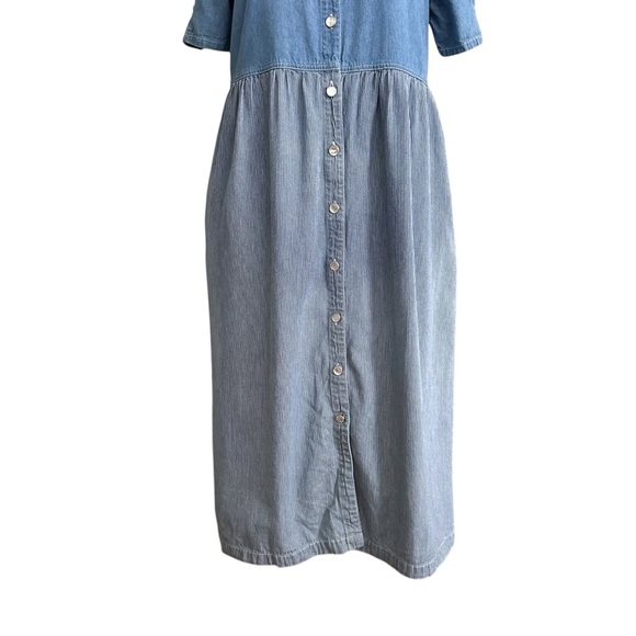 Vintage 90s TRULY YOURS Denim Pearl Button Up MIDI Dress Pockets White Rosettes - Picture 3 of 15